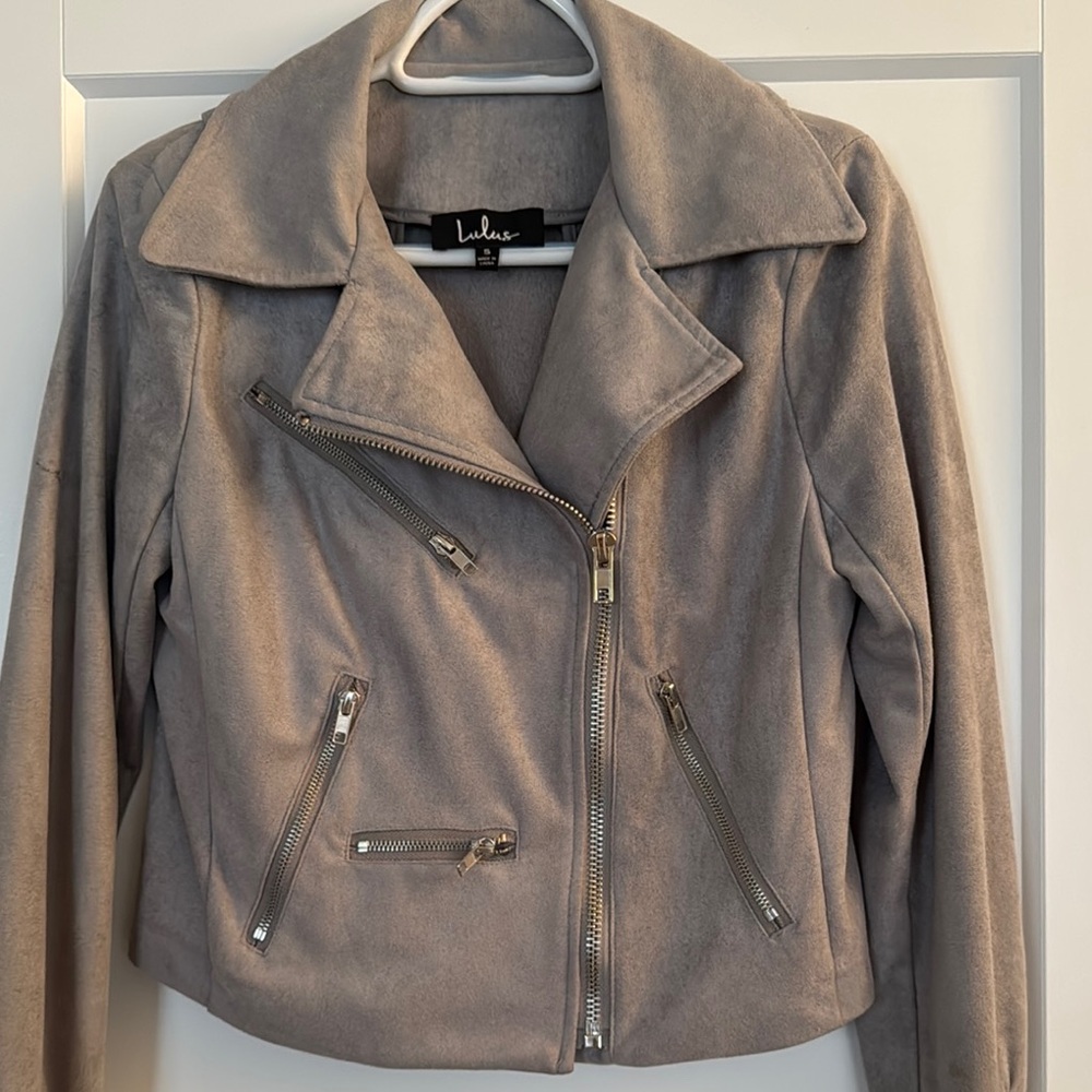 Lulu's Gray Suede Leather Jacket with Silver Accents
